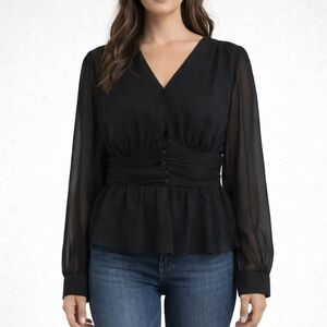 Boohoo Black Sheer Long Sleeve Blouse | Cinched Waist Gothic Top